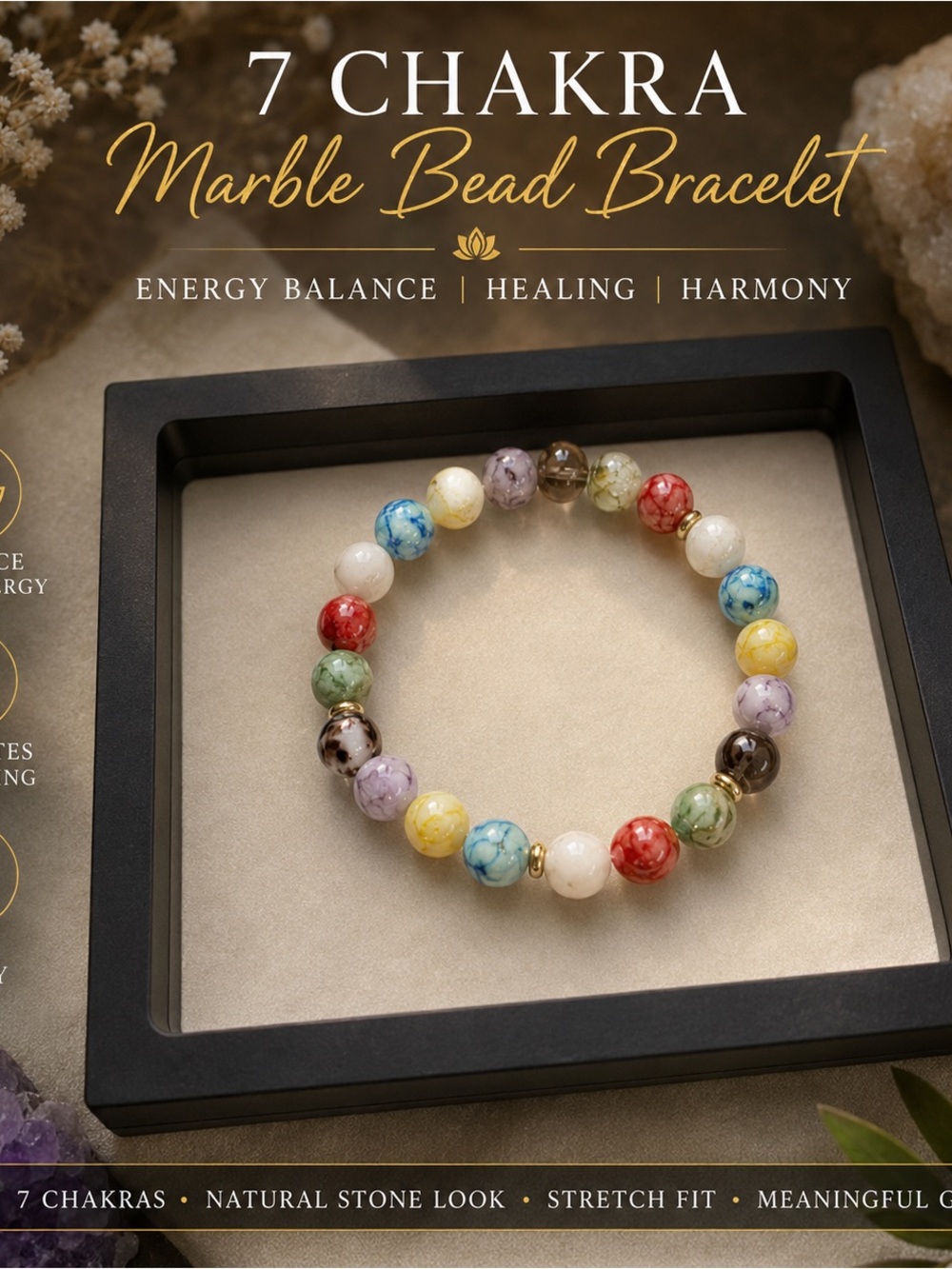 Multicolor Marble Bead Stretch Bracelet | Rainbow | Boho Spiritual | Gift Box